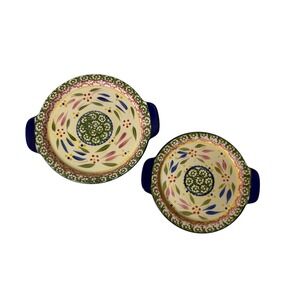 Temp-tations Old World Round Baker Set of 2 Hand Painted Ceramic Floral Blue